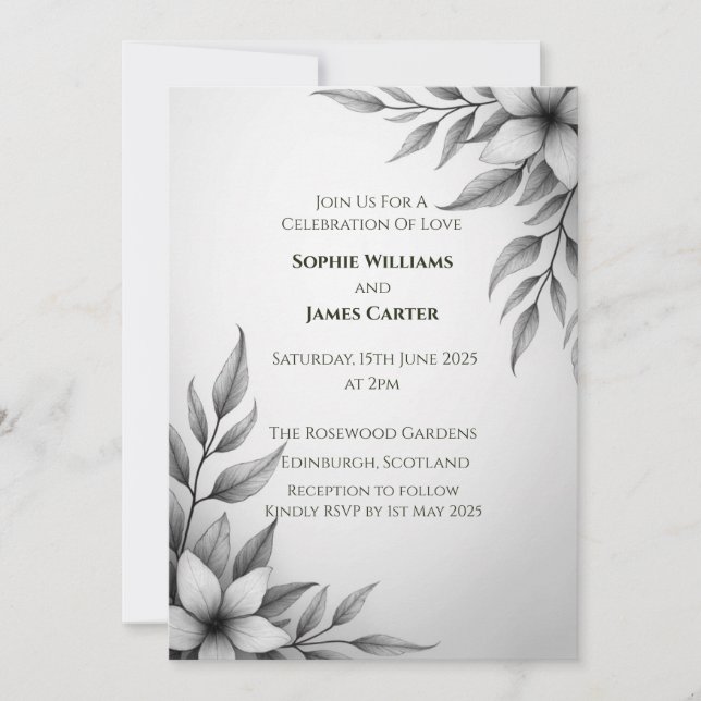 Monochrome Botanical Foliage Wedding Invitation |  (Front)