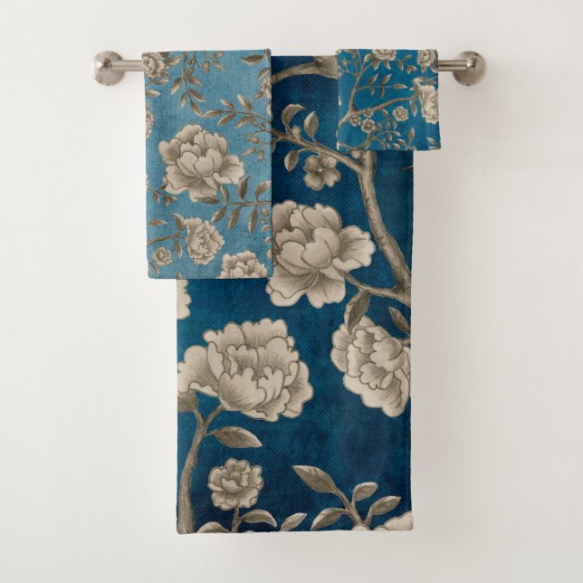 Monochrome Botanical Greenery Floral Chinoiserie Bath Towel Set (Insitu)