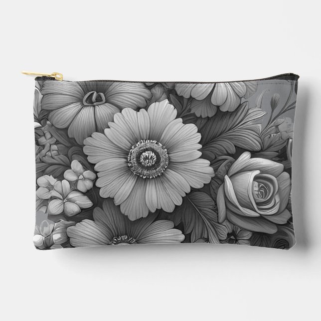 Monochrome Bouquet of Flowers Accessory Pouch (Front)