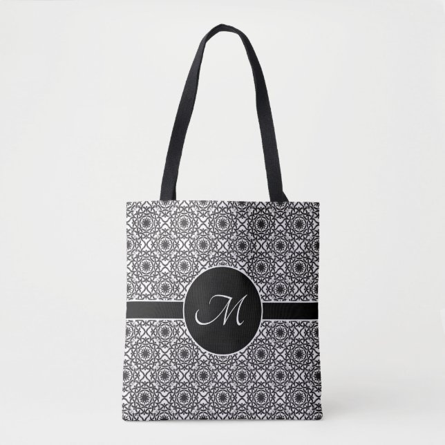 Monochrome Celtic Knot Pattern Monogram Tote Bag (Front)