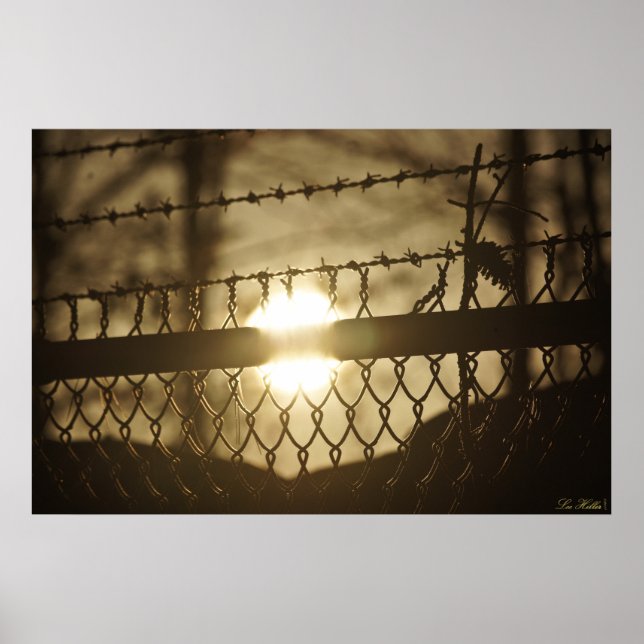 Monochrome Chain Link Barbed Wire Sunrise Poster (Front)