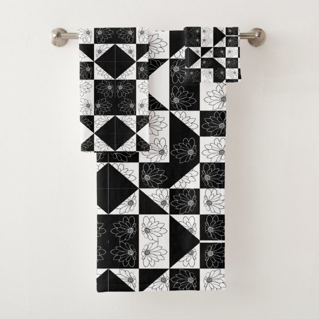 Monochrome Chequerboard and floral Glamour Pattern Bath Towel Set (Insitu)