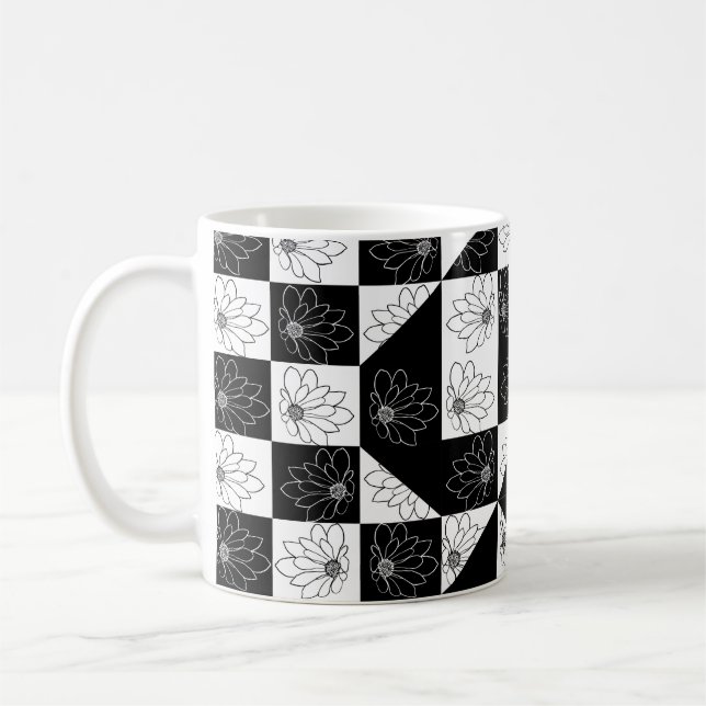 Monochrome Chequerboard and floral Glamour Pattern Coffee Mug (Left)