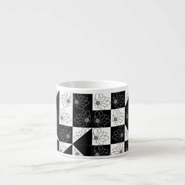 Monochrome Chequerboard and floral Glamour Pattern Espresso Cup (Front)