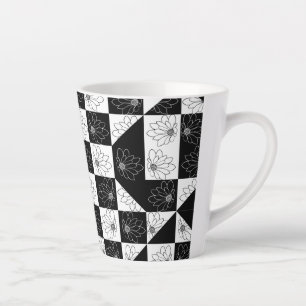 Monochrome Chequerboard and floral Glamour Pattern Latte Mug
