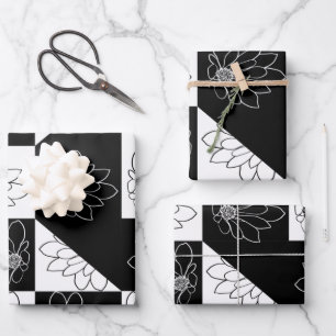 Monochrome Chequerboard and floral Glamour Pattern Wrapping Paper Sheet