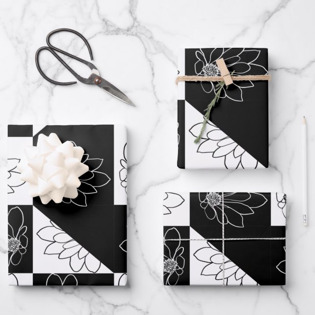 Monochrome Chequerboard and floral Glamour Pattern Wrapping Paper Sheet (Front)