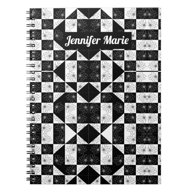 monochrome chequerboard floral triangles monogram notebook (Front)