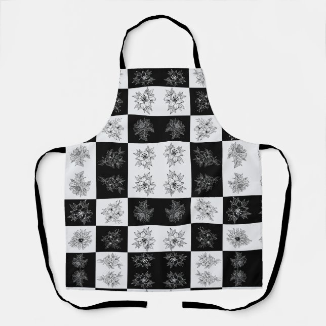 Monochrome Chequerboard FLowers Elegant pattern Apron (Front)