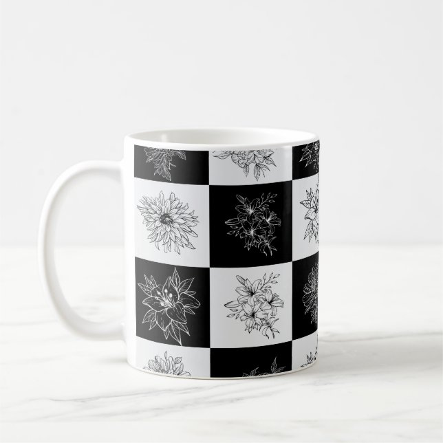 Monochrome Chequerboard FLowers Elegant pattern Coffee Mug (Left)