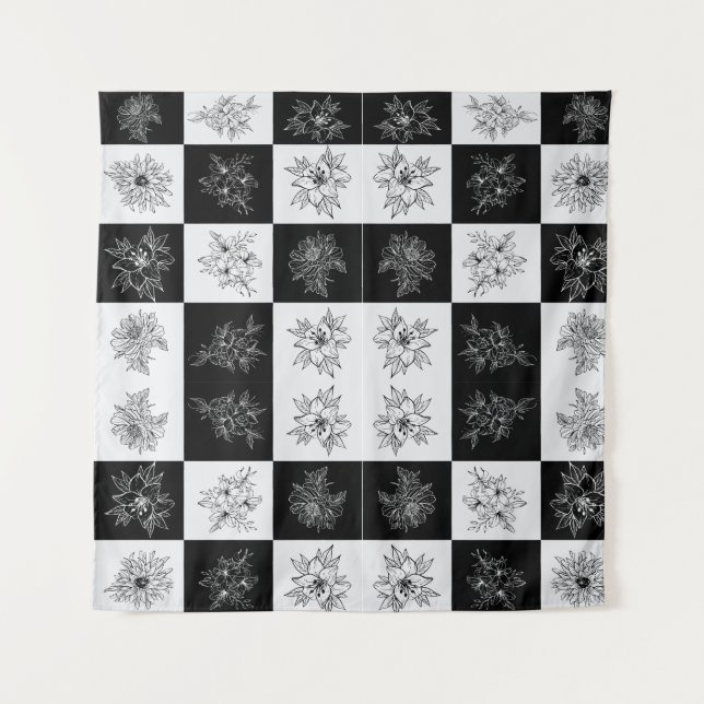 Monochrome Chequerboard FLowers Elegant pattern Tapestry (Front)
