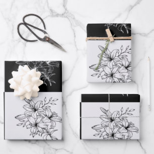 Monochrome Chequerboard FLowers Elegant pattern Wrapping Paper Sheet