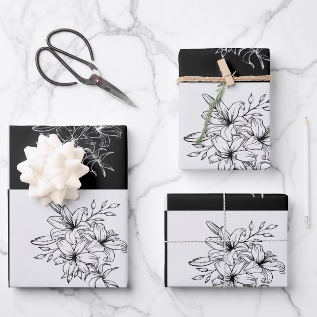 Monochrome Chequerboard FLowers Elegant pattern Wrapping Paper Sheet (Front)