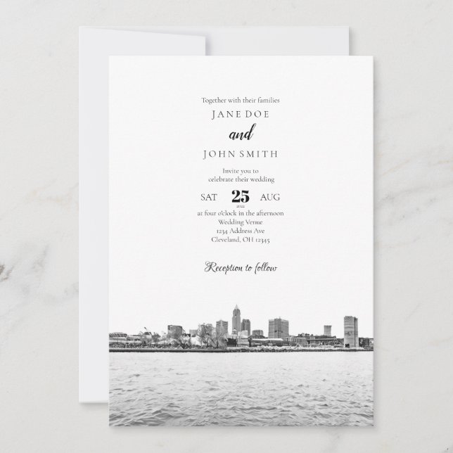 Monochrome Cleveland Skyline Wedding Invitation (Front)
