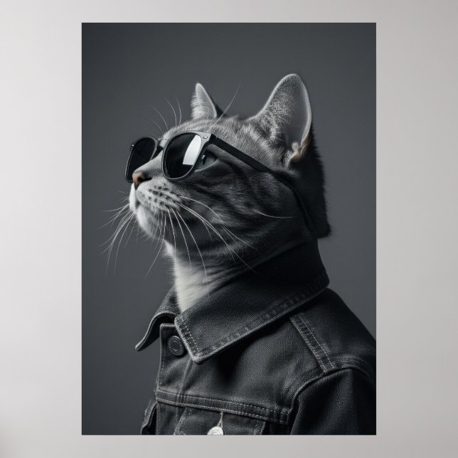 Monochrome Cool Cat in Denim Jacket Portrait Poster (Front)