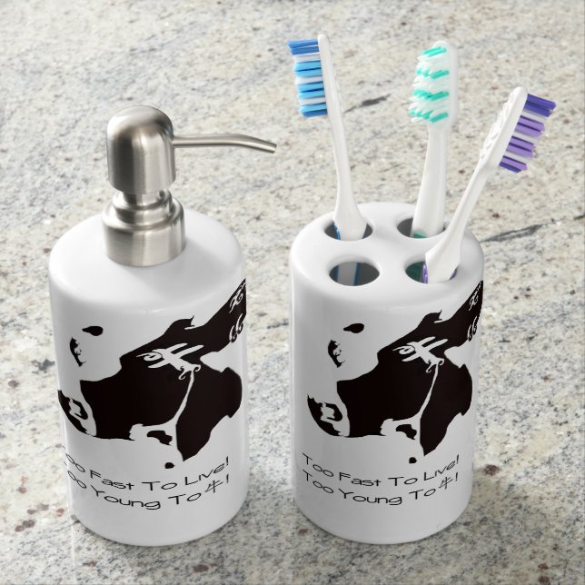 MONOCHROME COW TOOTHBRUSH HOLDER AND SHAMPOO BOTTL (Front)