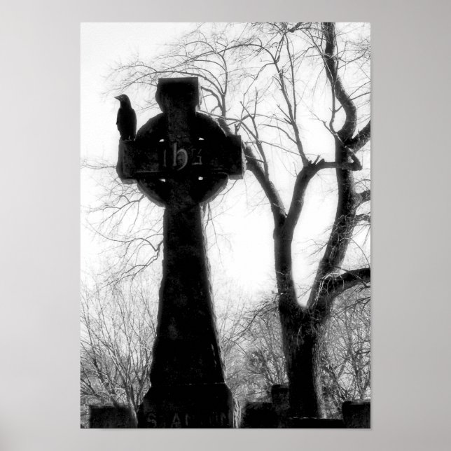 Monochrome Crow on Celtic Cross Poster (Front)