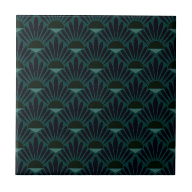 Monochrome dark blue green art deco. ceramic tile (Front)