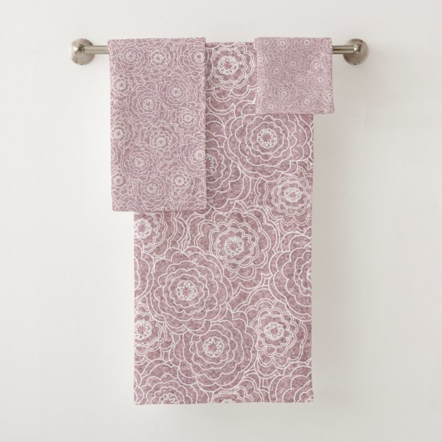 Monochrome Dusty Pink flowers  Bath Towel Set (Insitu)