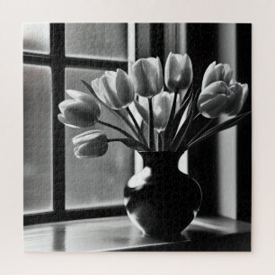 "Monochrome Elegance: Black White Tulip Still Life Jigsaw Puzzle