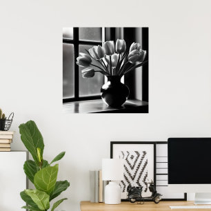 "Monochrome Elegance: Black White Tulip Still Life Poster