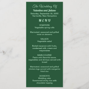 Monochrome Emerald Green Wedding Menu on Long Card