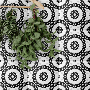 Monochrome Ethnic Folk Mosaic Geometric Pattern Ceramic Tile