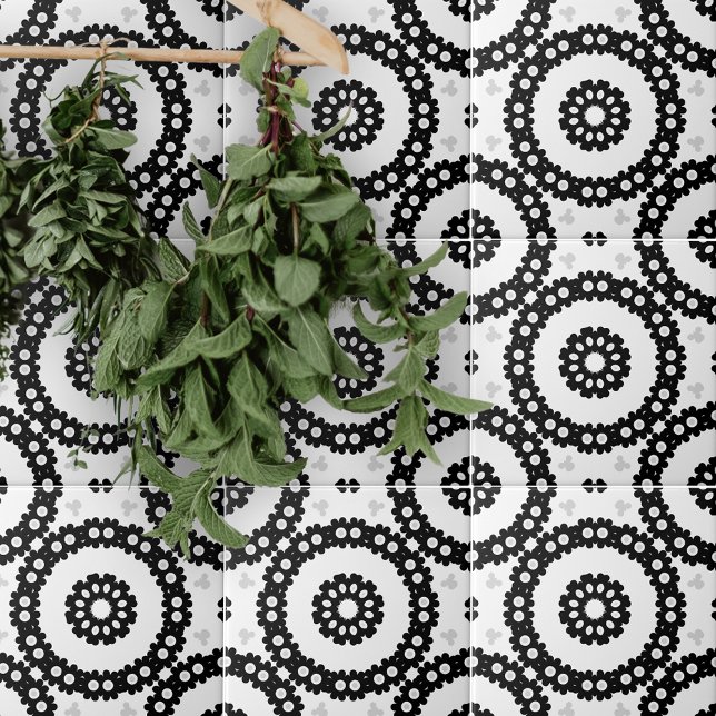 Monochrome Ethnic Folk Mosaic Geometric Pattern Ceramic Tile (Creator Uploaded)