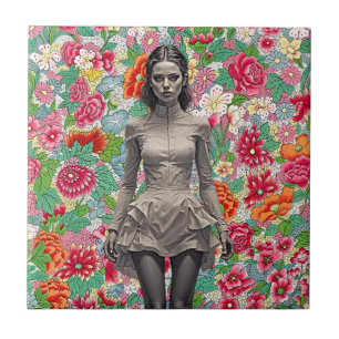 Monochrome Fashion Model Floral Ceramic Tile