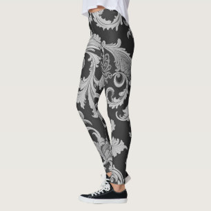 Monochrome Fleur Antique Pattern  Leggings