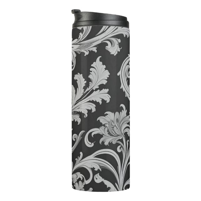 Monochrome Fleur Antique Pattern  Thermal Tumbler (Rotated Right)