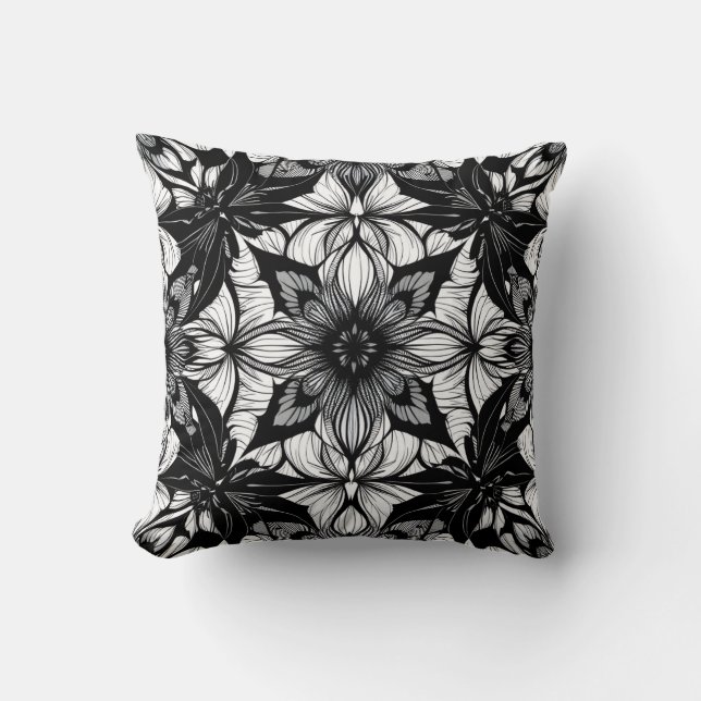 Monochrome Floral Lace Medallion Pattern Cushion (Front)