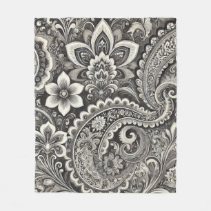 Monochrome Floral Paisley Black & White Fleece Blanket