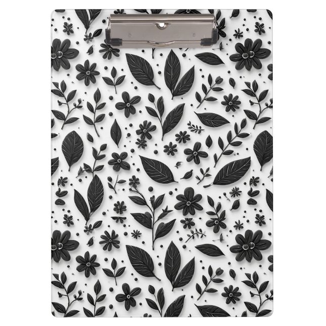 Monochrome Floral Pattern With Leaves And Flowers Clipboard (Front)