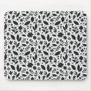 Monochrome Floral Pattern With Leaves And Flowers Mouse Pad
