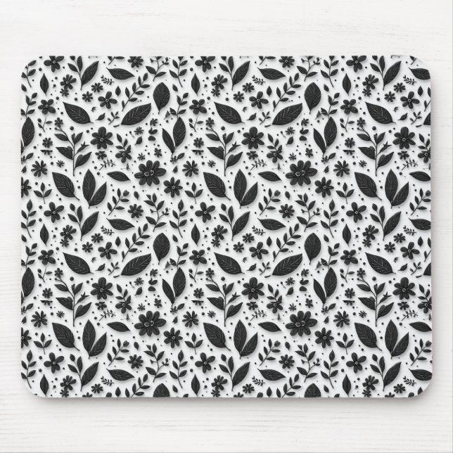 Monochrome Floral Pattern With Leaves And Flowers Mouse Pad (Front)