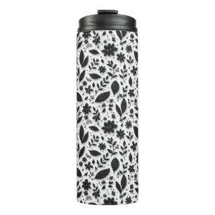 Monochrome Floral Pattern With Leaves And Flowers Thermal Tumbler