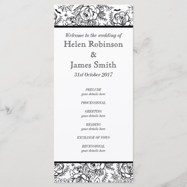 Monochrome Floral tattoo wedding program (Front)