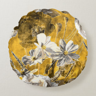 Monochrome Floral Watercolor Poppies Pattern Round Cushion