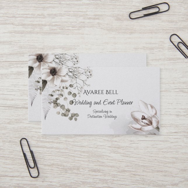Monochrome Floral  Wedding and Event Planner  Business Card (Front/Back In Situ)