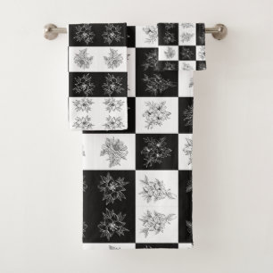 Monochrome Flowers and chequerboard pattern Bath Towel Set
