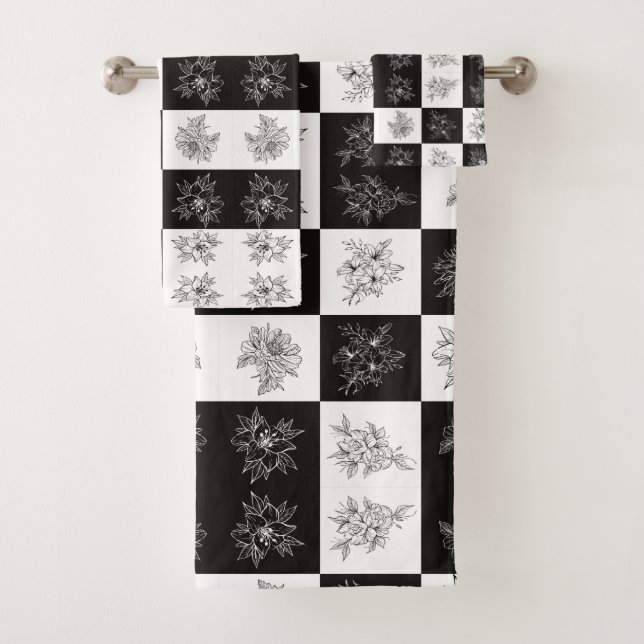 Monochrome Flowers and chequerboard pattern Bath Towel Set (Insitu)