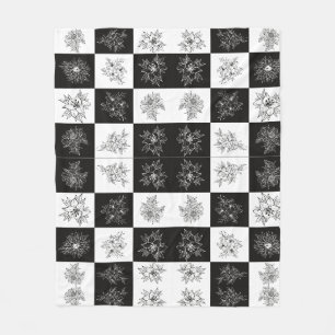 Monochrome Flowers and chequerboard pattern Fleece Blanket