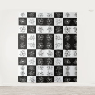 Monochrome Flowers and chequerboard pattern Tapestry