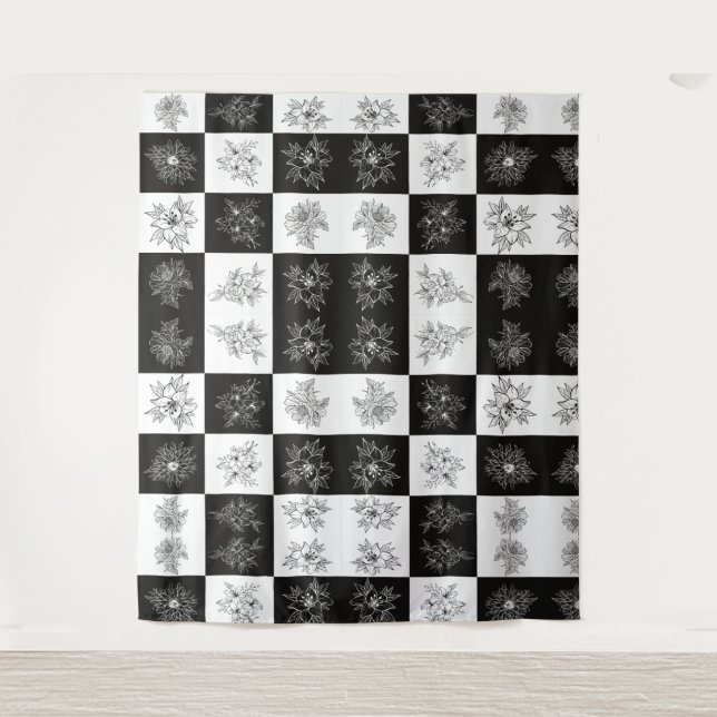 Monochrome Flowers and chequerboard pattern Tapestry (Front)