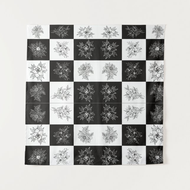 Monochrome Flowers and chequerboard pattern Tapestry (Front)
