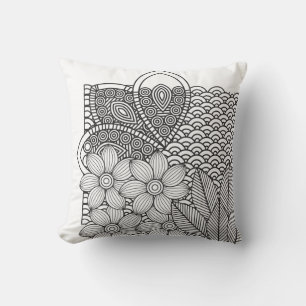 Monochrome Flowers Drawing Cushion