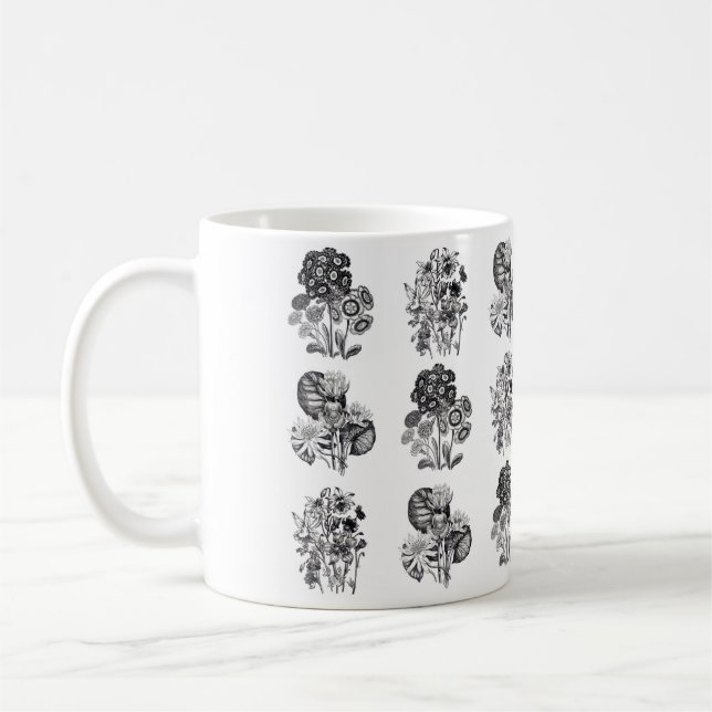 Monochrome flowers in black and white coffee mug (Left)