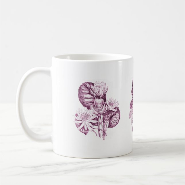 Monochrome flowers in burgundy coffee mug (Left)