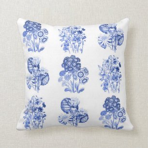 Monochrome flowers in Delft blue Cushion